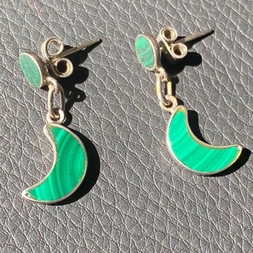 Unmarked Malachite and Silver Crescent Moon Earrings